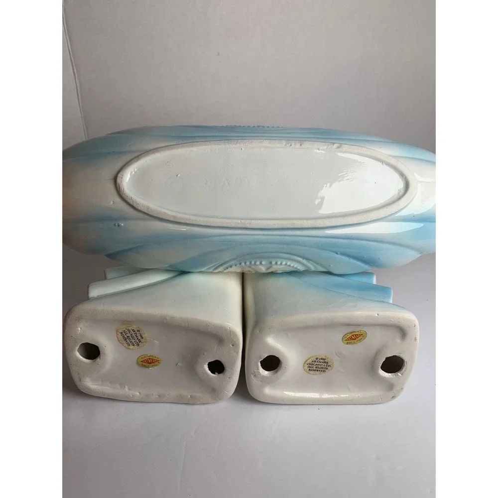 Vintage 1988 Artmark Chicago Ceramic Crane Figurine‎ Console Set White Blue 3pc